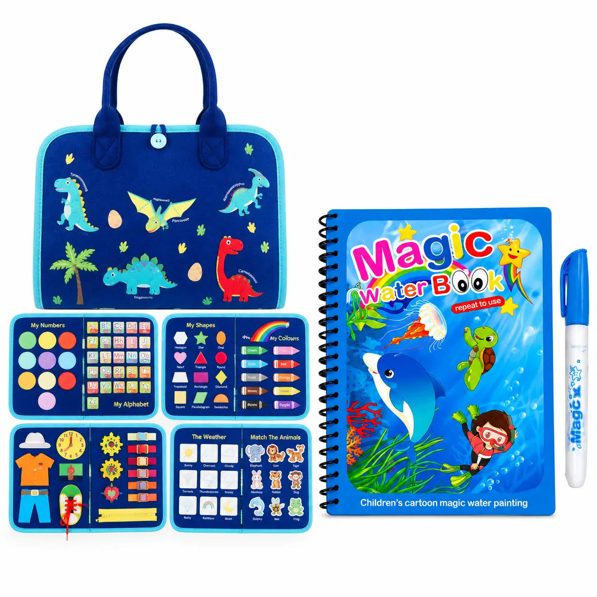 Deluxe Montessori 8-Page Busy Book & Dual Magic Water Books Pack