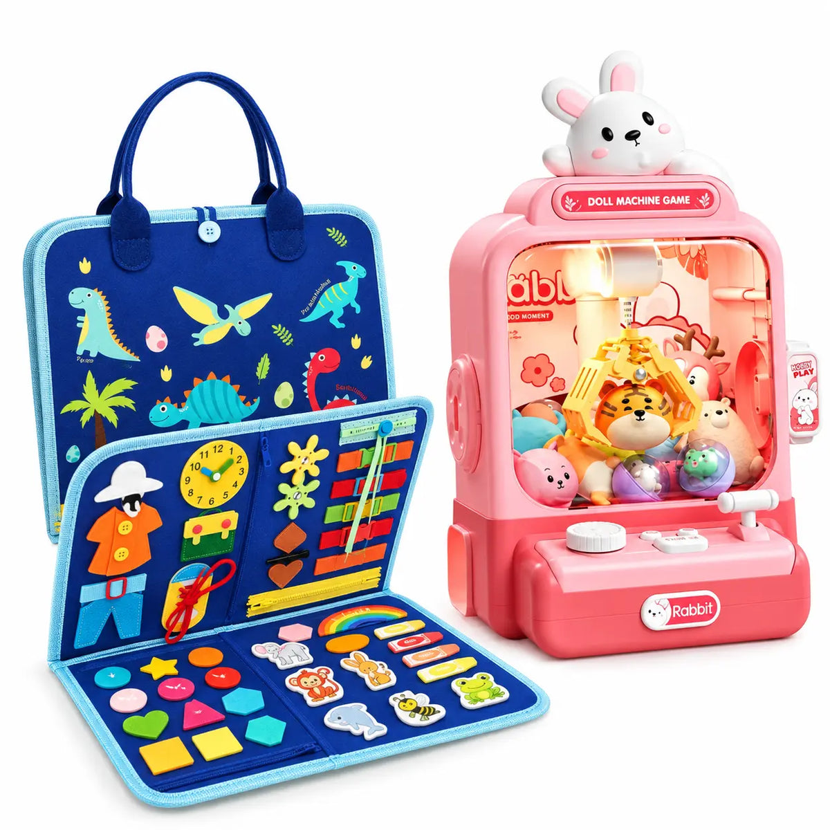 Montessori Deluxe 8-Page Busy Book & Rabbit Claw Machine Arcade Bundle (3–6 Yrs)