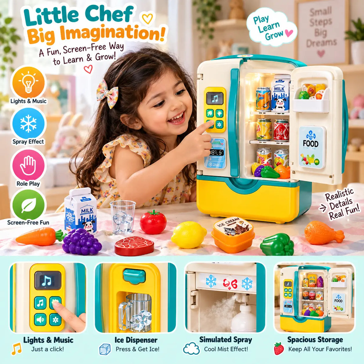 Multi-Function Kids Refrigerator – Interactive Pretend Play Kitchen Toy with Ice Dispenser & Mist Spray