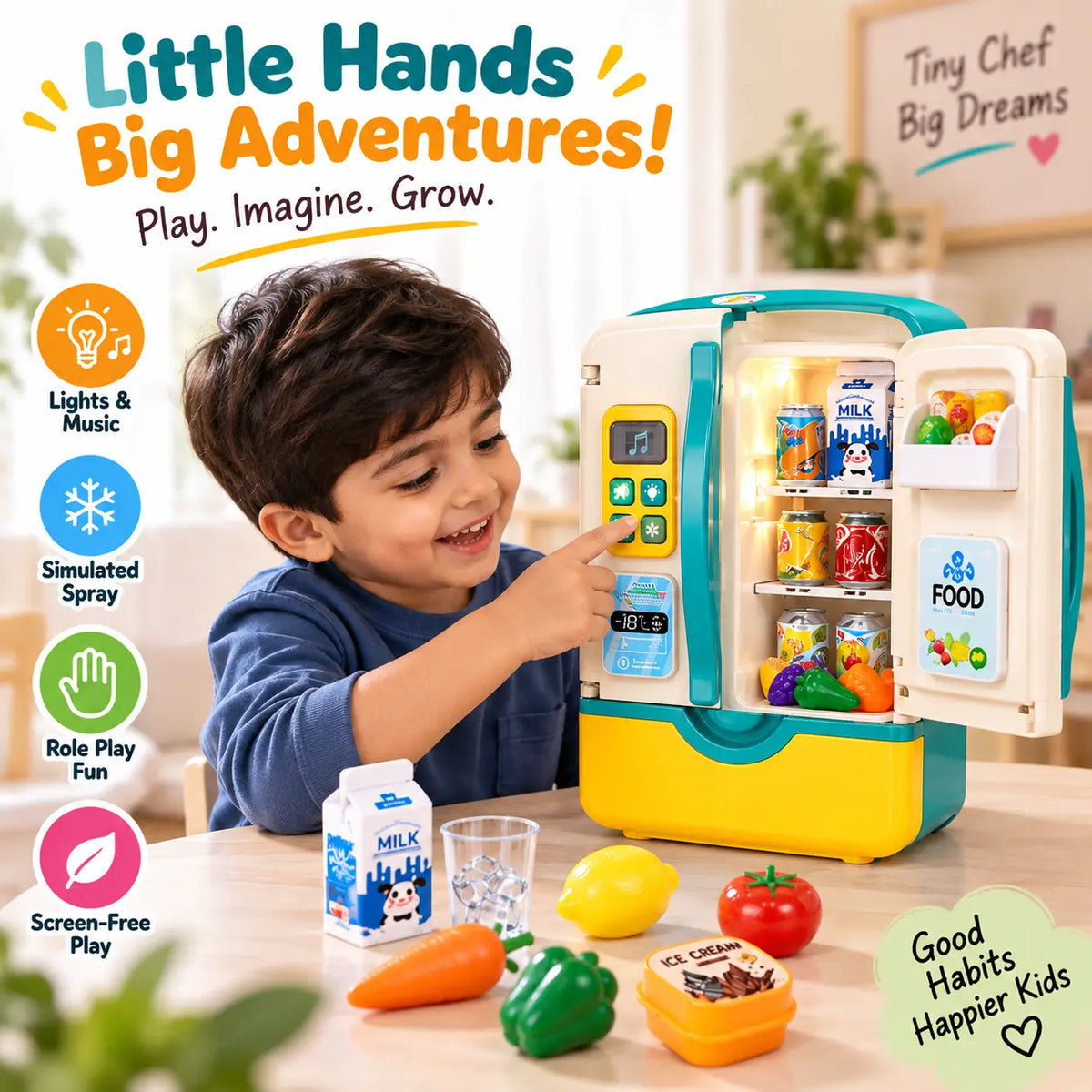 Multi-Function Kids Refrigerator – Interactive Pretend Play Kitchen Toy with Ice Dispenser & Mist Spray